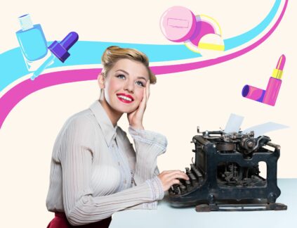 The best content writing agencies for beauty brands: blonde young woman sits at a typewriter and above her are floating graphics of lipstick, makeup powder, and a beauty serum in neon colors with a bright wave behind her.
