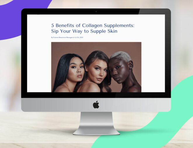 A laptop shows three women featured in a beauty blog writing post for online collagen retailer, Forever Beaumore