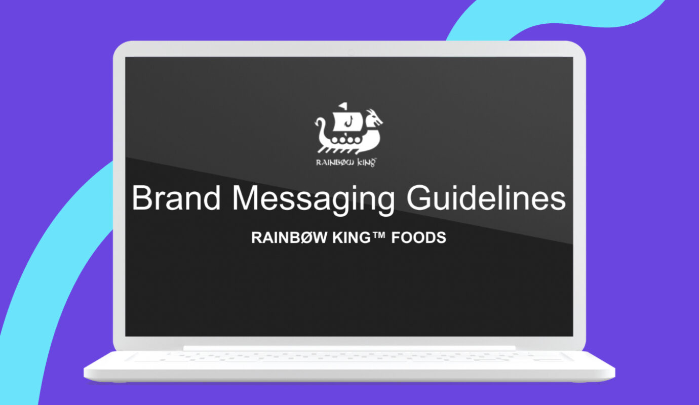 Laptop showing 'Brand Messaging Guidelines' for Rainbow King Foods