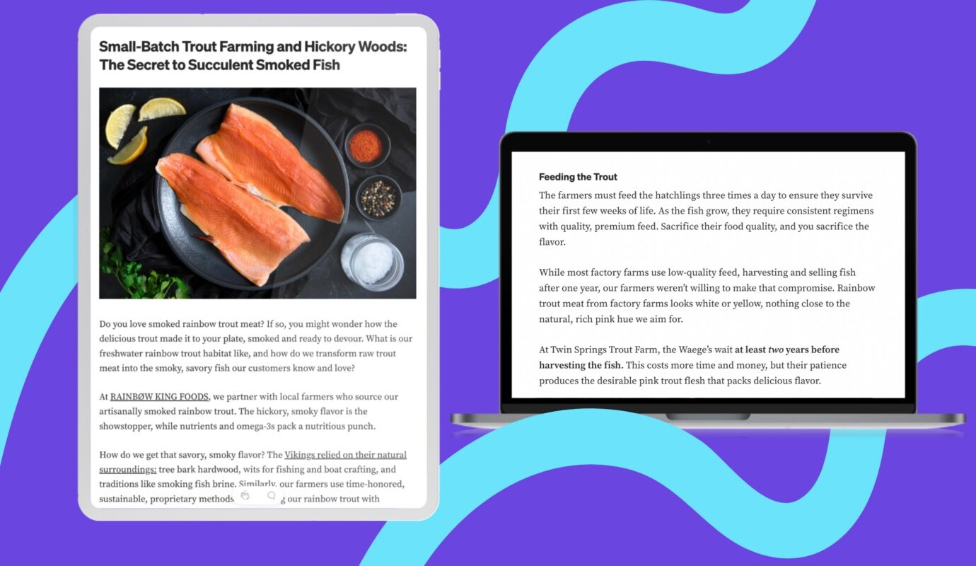 Two screens showing Rainbow King Food article, 'Small Batch Trout Farming.'