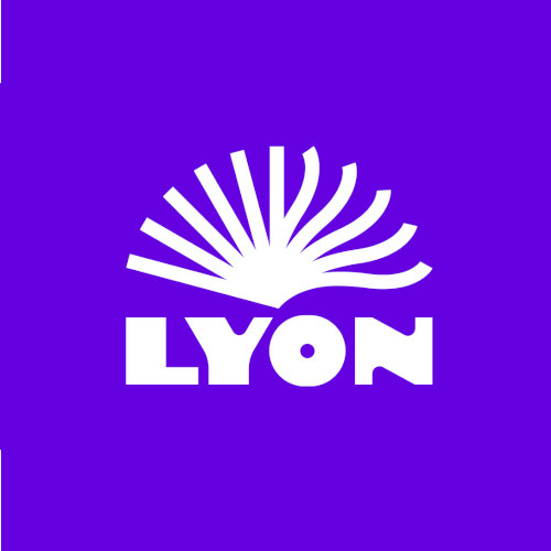 Lyon Content writing service logo features bulky text for the business name, and a wavy abstract book above the font.