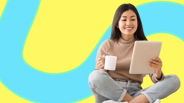 A woman sits reading about eBook marketing in front of a yellow background with a big blue squiggle.