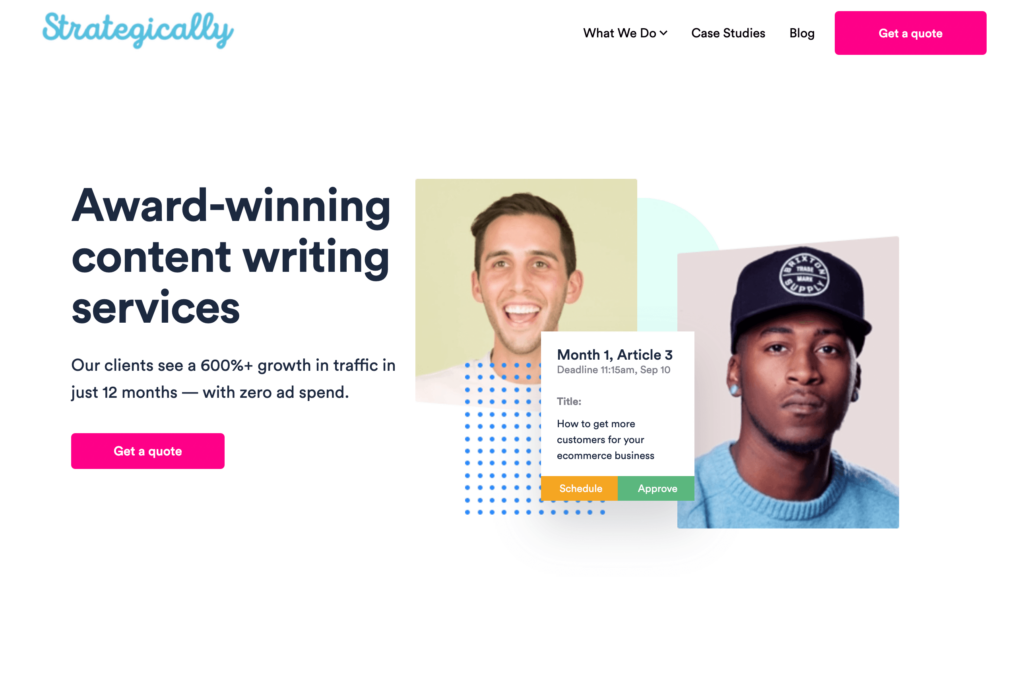Stratecially's home page featuring their award-winning content writing services for beauty brands.