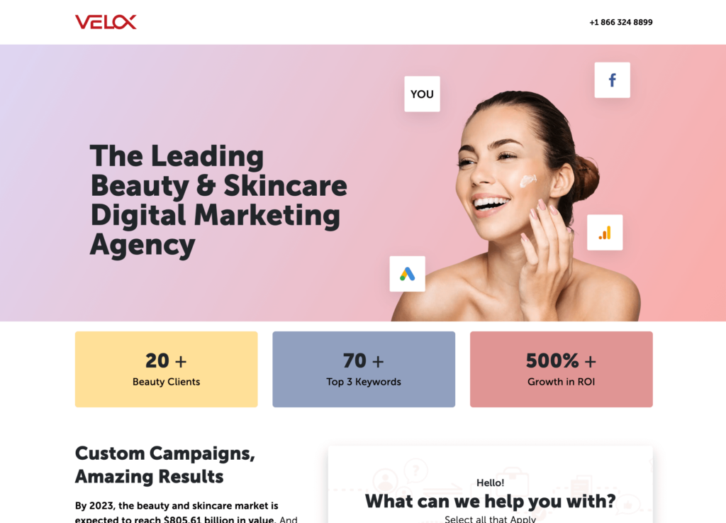 Velox Media's beauty marketing landing page features their statistics and ROI metrics for beauty brands.