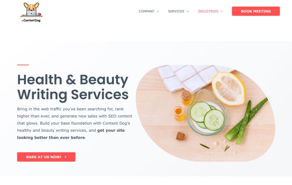 Content Dog's landing page for their content writing agency featuring health and beauty writing services.