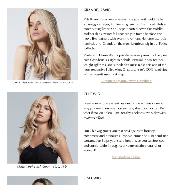 A screenshot of Daniel Alain's blog featuring beauty blog writing broken up by branded images of women wearing blonde wigs.