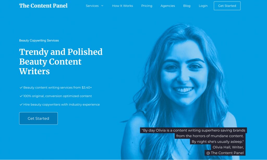 The Content Panel is one of the best content writing agencies for affordability. This screenshot shows the landing page for their beauty content writers.