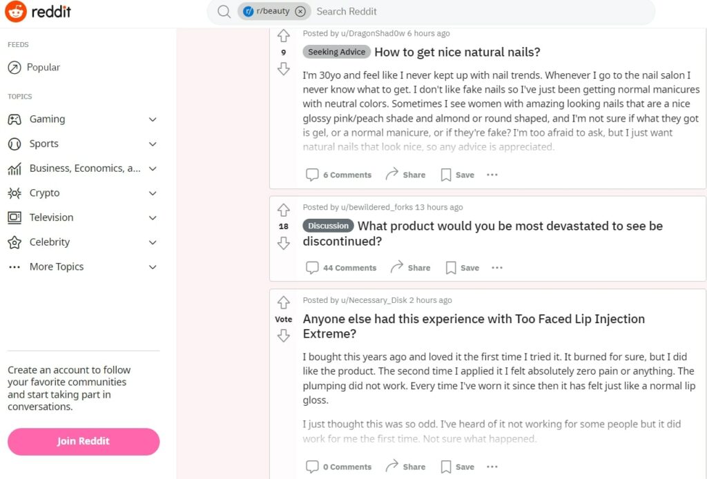 a screenshot of a Reddit search for beauty industry news and topics