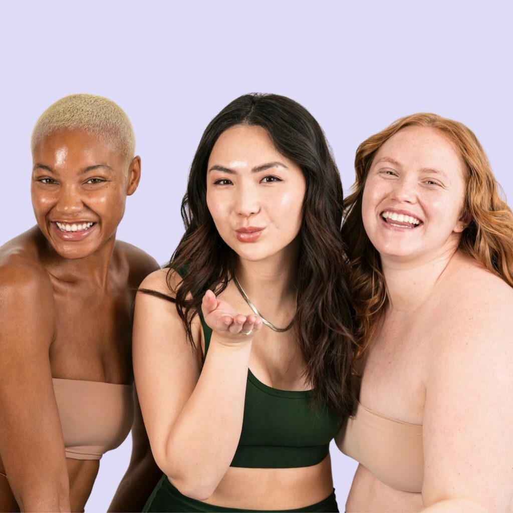 An image of embody’s skincare models, including three women of different races and sizes.