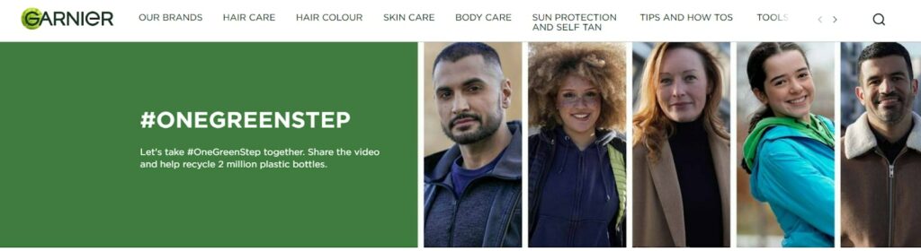 Garnier’s #OneGreenStep campaign on their website, featuring a call to action for consumers to share the video and help recycle bottles, as part of a sustainable beauty industry trend for 2023