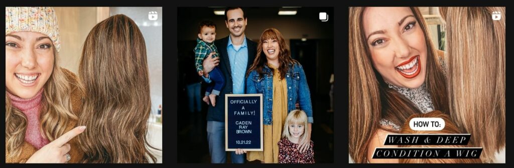 three photos from Jen Brown’s Instagram, featuring her holding wigs and pictured with her family