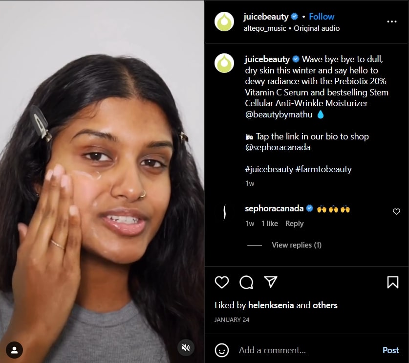 An Instagram post featuring Juice Beauty’s affiliate partner, Mathusha Thurairajasingam, using their product, a popular beauty industry trend for 2024 is to work with influencers.