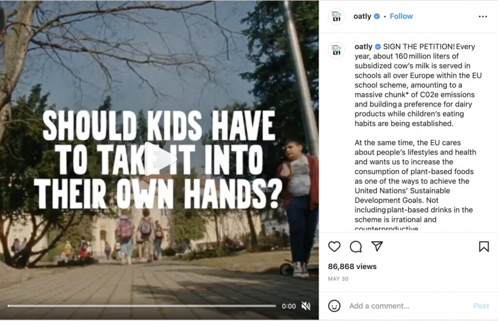 Oatly's Instagram caption showcases cause-driven social media copywriting, discussing their petition to choose vegan milk.