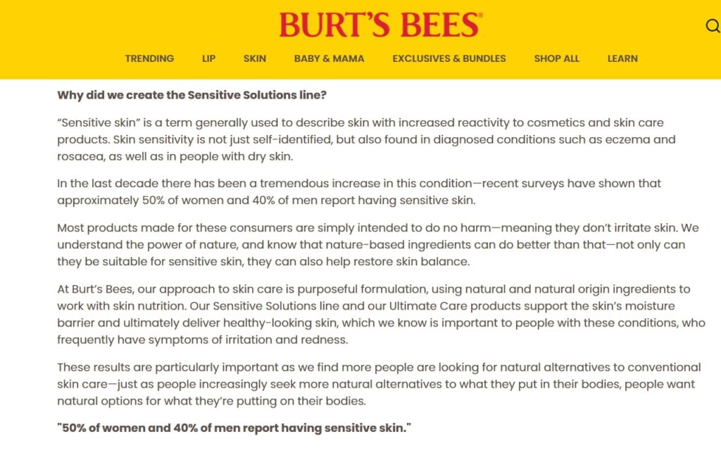 A screenshot of a Burt’s Bees blog post showcasing the difference between long-form content writing and copywriting, which is shorter.
