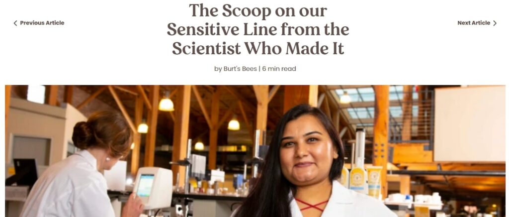 Burt’s Bees blog post features an interview with one of their scientists, showcasing authority building content writing for their skincare blog.