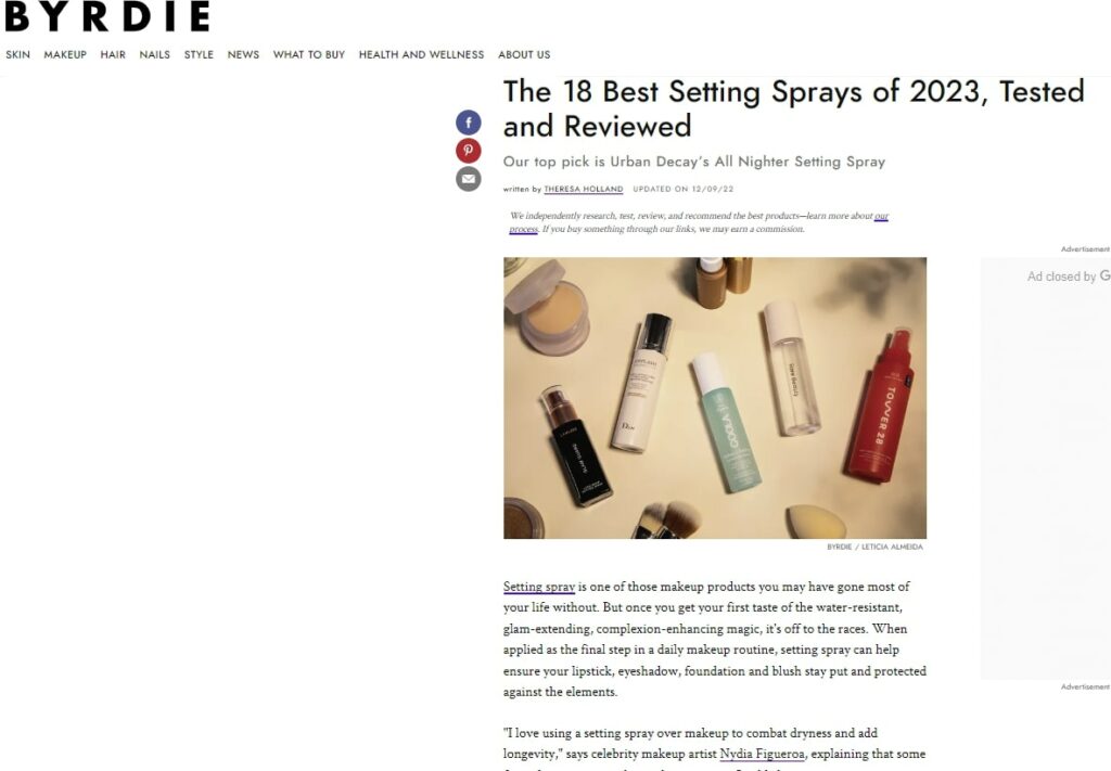 a beauty blog post from Byrdie about the best setting sprays of 2023