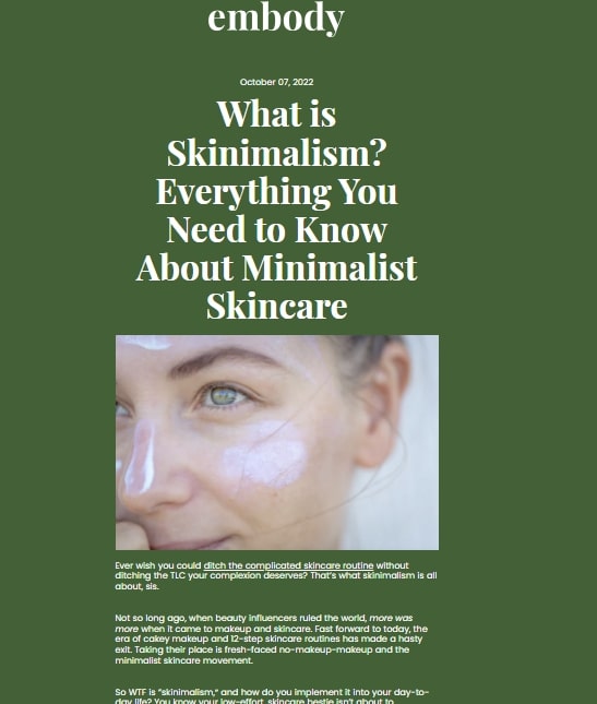 a screenshot of a beauty blog post idea from Embody titled ‘What is Skinimalism”