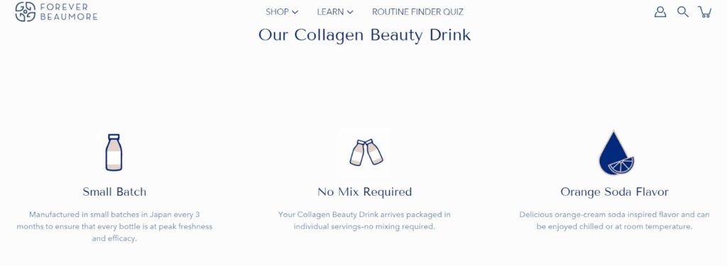 A screenshot of Forever Beaumore’s Collagen Beauty Drink product page, which features short, descriptive website copywriting.