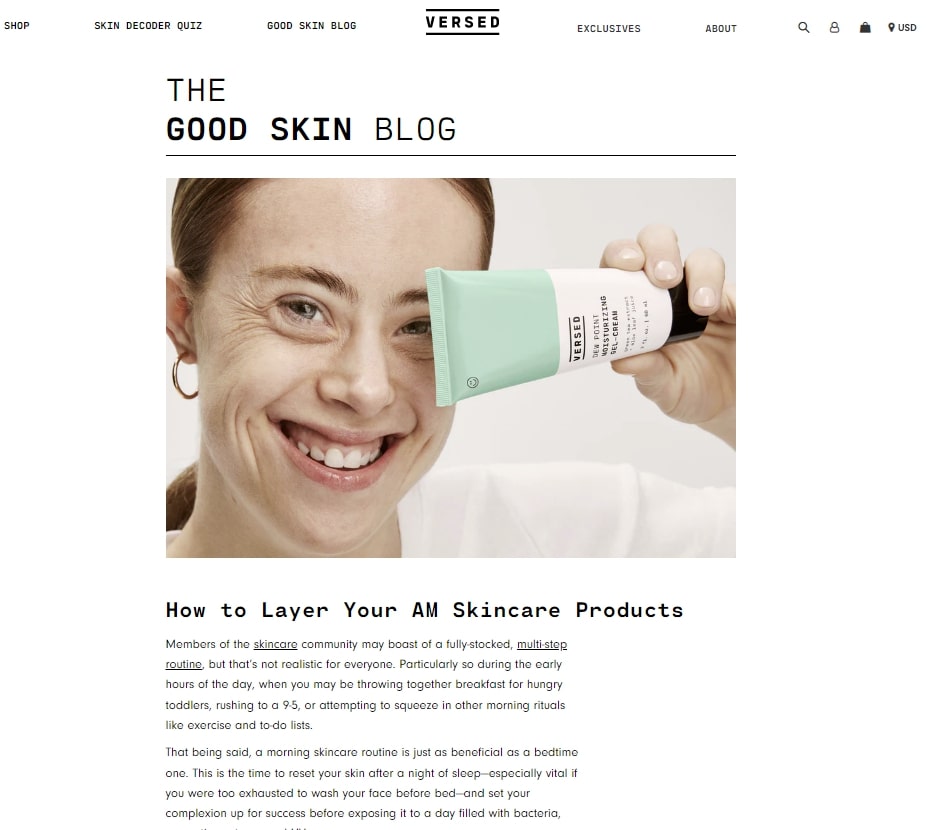 A screenshot of the Good Skin Blog about a beauty blog post topic about morning skincare routines.