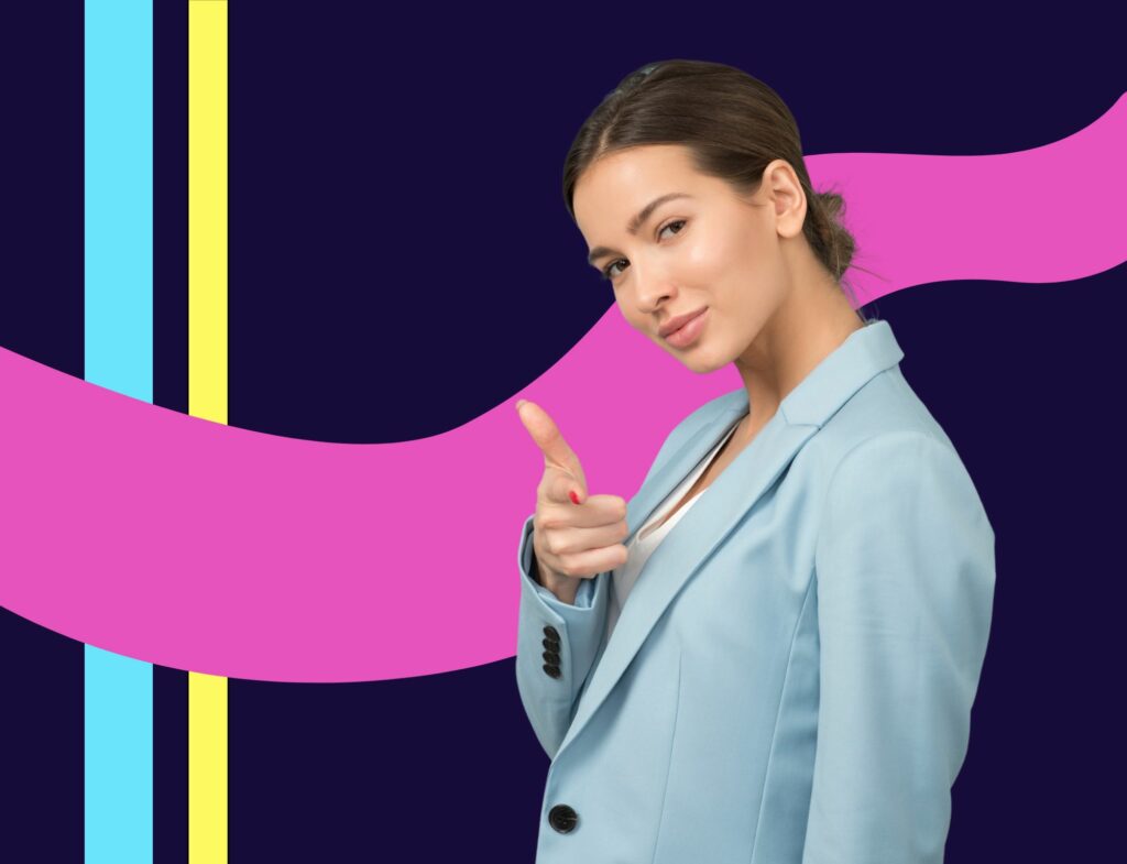 confident business woman pointing at audience in front of swirly colorful background for article about beauty blog post ideas