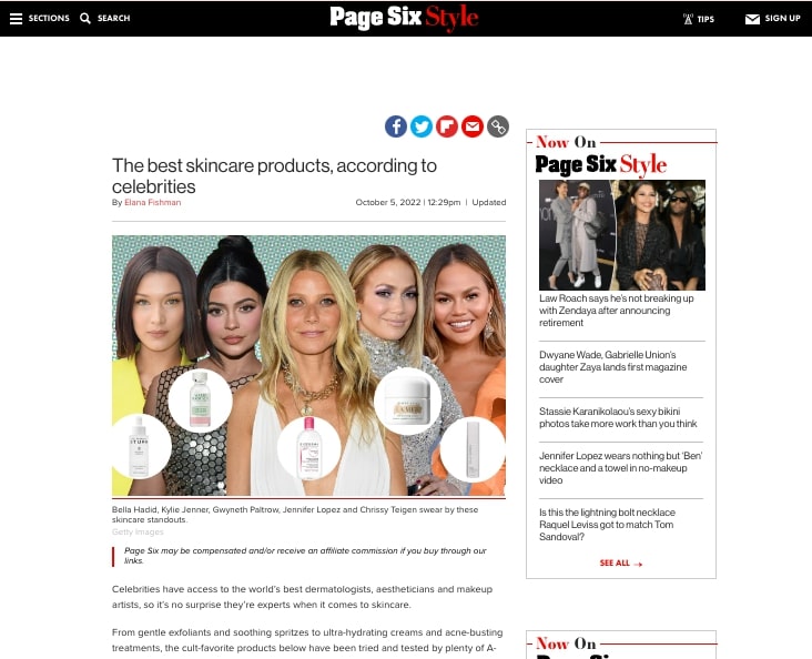 A clip of Page Six’s Style section which features a beauty blog post topic about the best skincare products, according to celebs