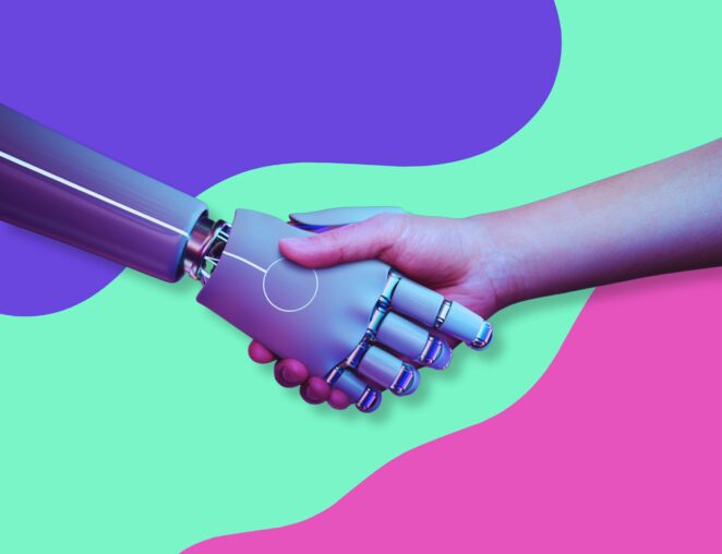 A robot hand shakes a human hand in the battle for AI blog writing vs human writing.