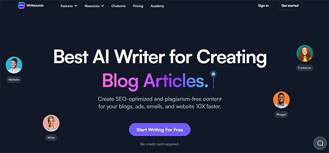 Writesonic AI writer for blog articles home page