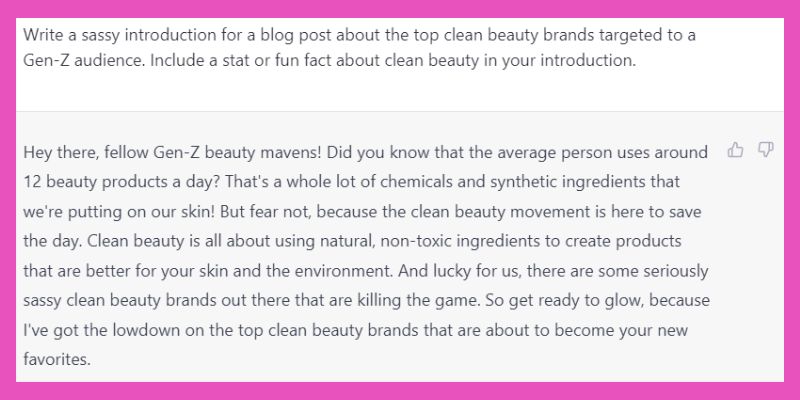 Chat GPT blog writing for beauty brands sample