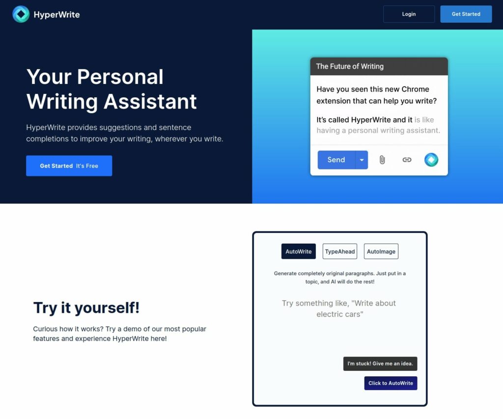 Hyperwrite personal writing assistant home page