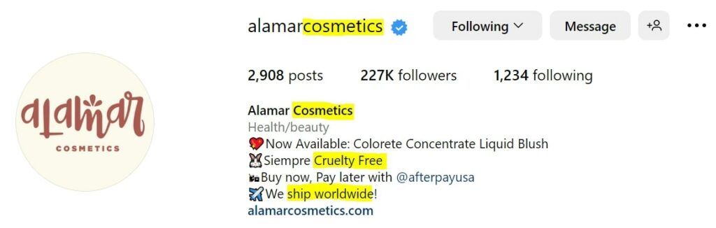 Screenshot of Alamar's Instagram bio