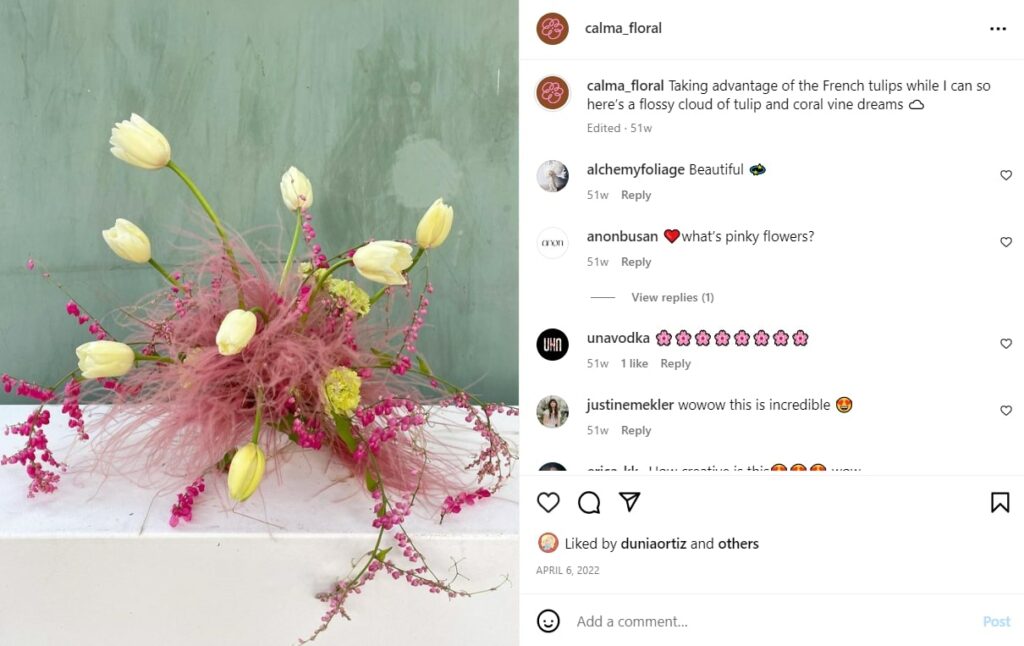 Screenshot from CalmaFloral Instagram account’s post with a business caption reading “taking advantage of the French tulips while I can so here’s a flossy cloud of tulip and coral vine dreams”