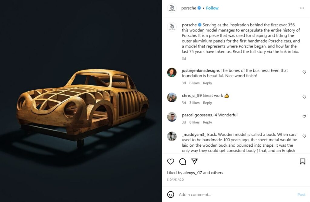 Screenshot from Porsche Instagram account telling a story in their business caption
