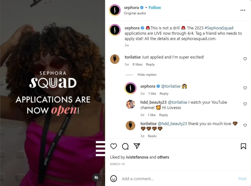 Screenshot from Sephora Instagram account