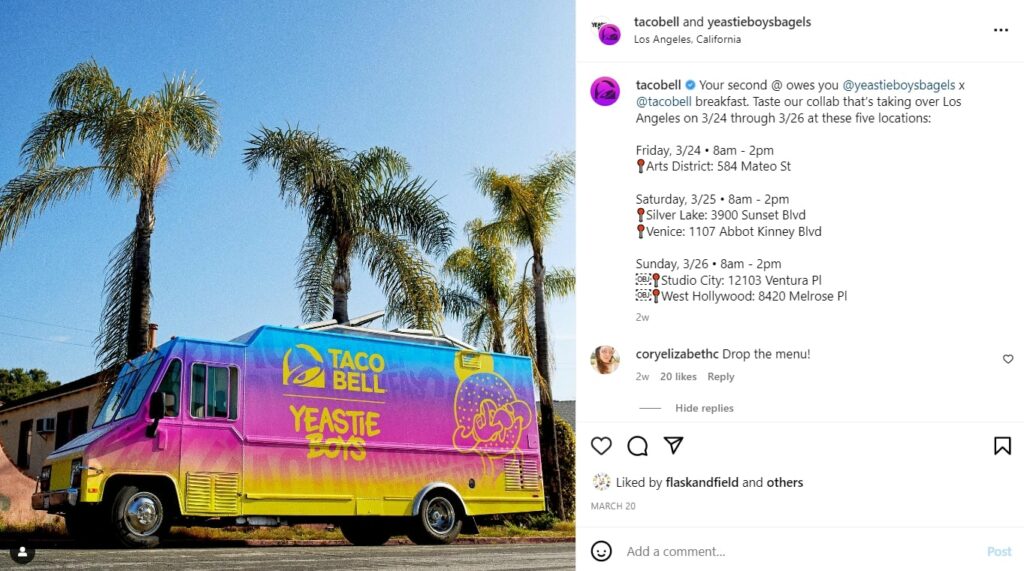 Taco Bell x Yeastie Boys food truck post featuring their Instagram business caption