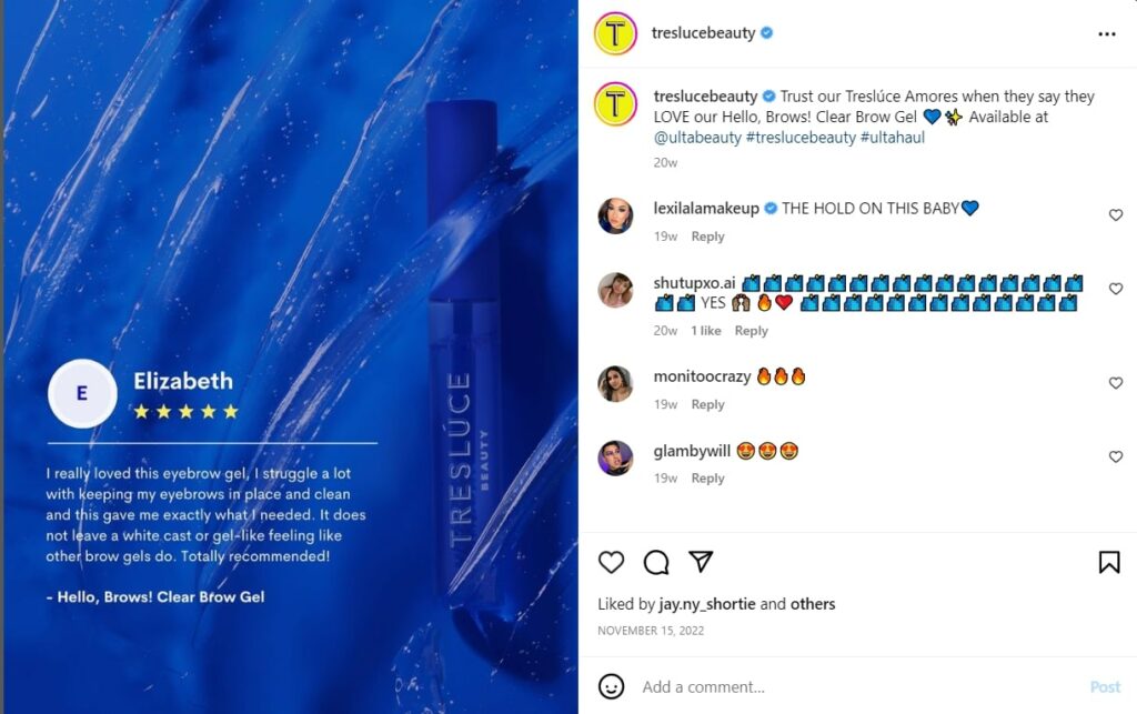 Screenshot of Tres Luce Beauty Instagram post