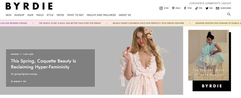 byrdie screenshot of visible website navigation bar