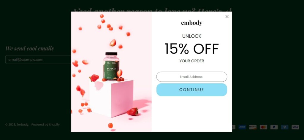 embody website screenshot of popup for discount