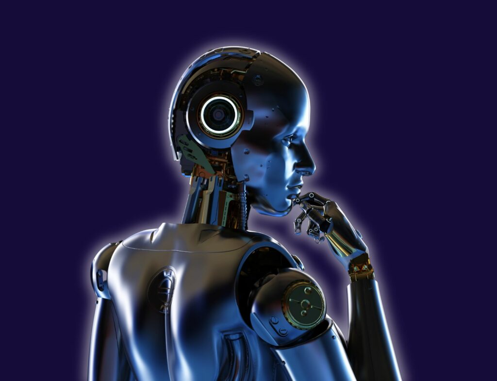 robot thinking in front of dark blue background for post about AI detection tools