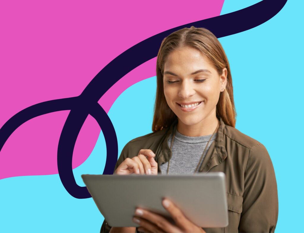 smiling woman works on tablet in front of colorful background for post about website content writing