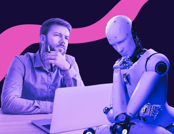 human writer and AI robot sitting and thinking for Lyon Content article about AI detection tools