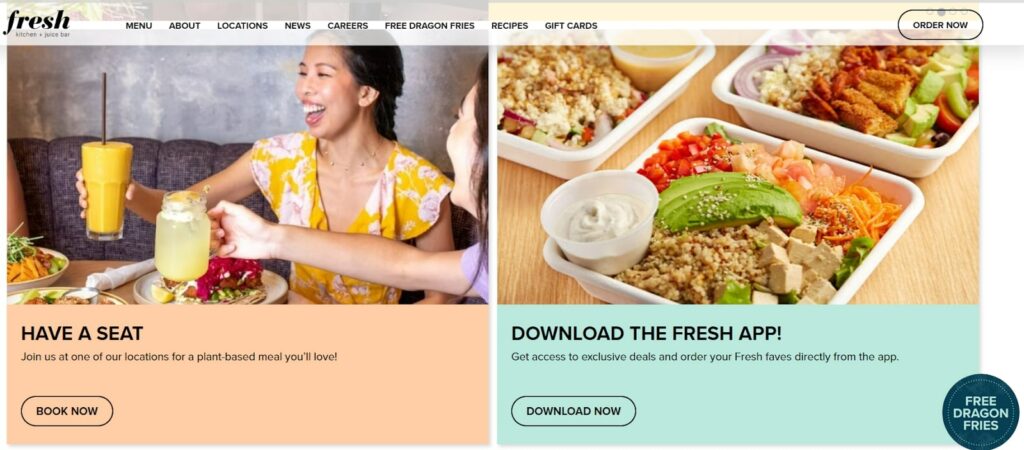 Fresh Restaurants website call to action buttons