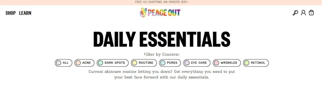 Peace Out Skincare website product filtering system