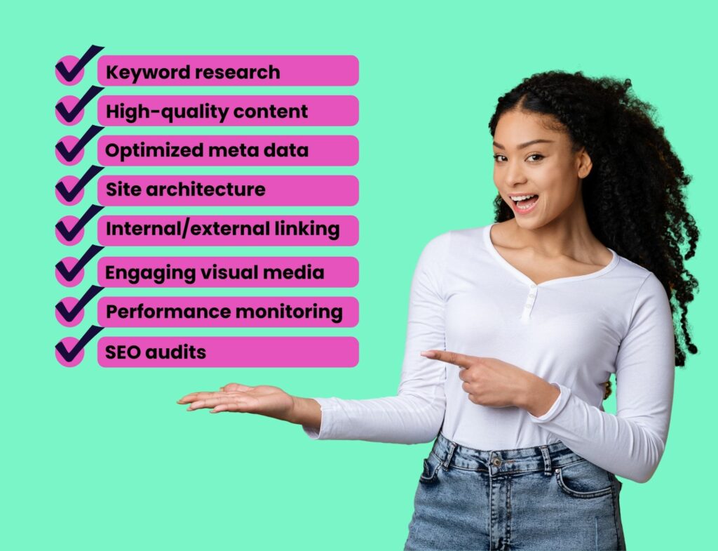 woman smiling and pointing to pink graphic of SEO checklist items