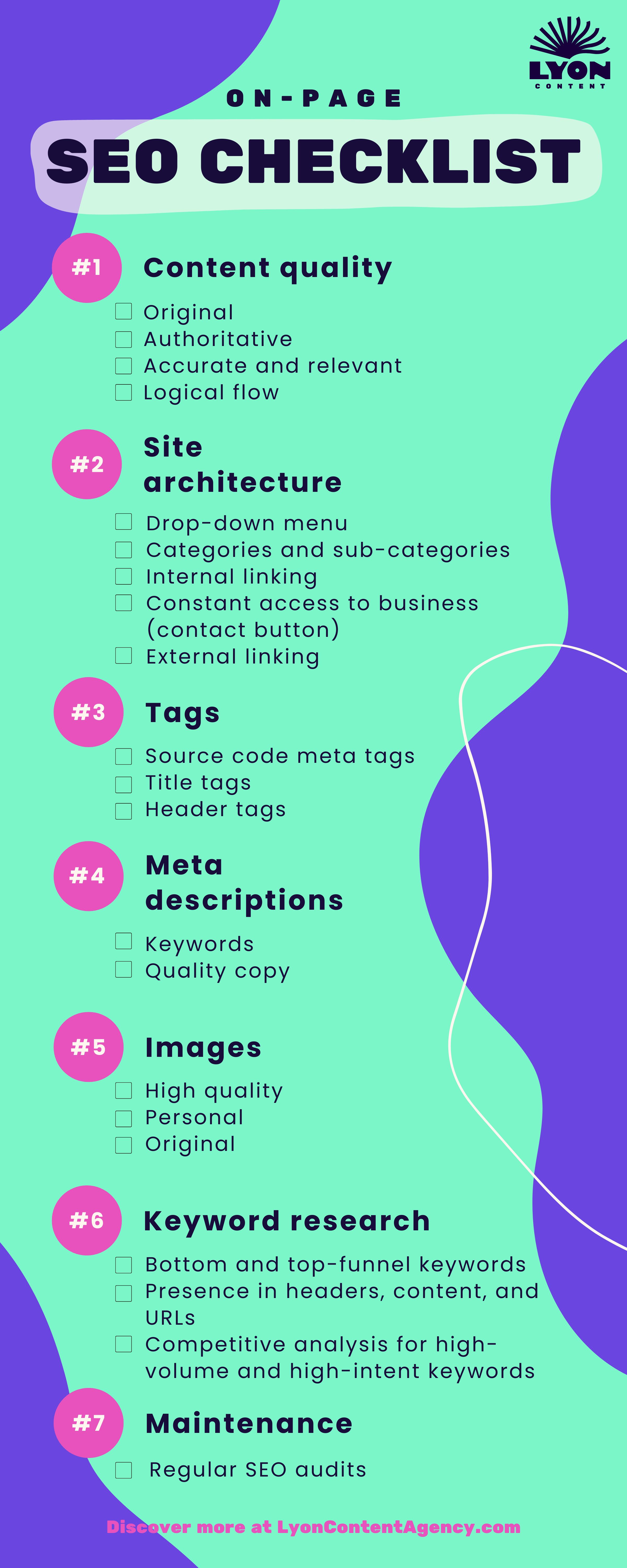 Lyon Content infographic with SEO checklist on colorful background