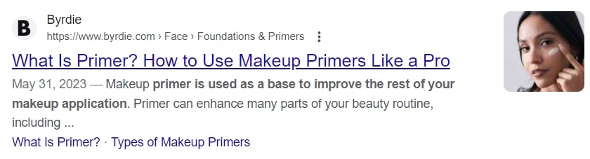 Byrdie article about primer with SEO keyword placement