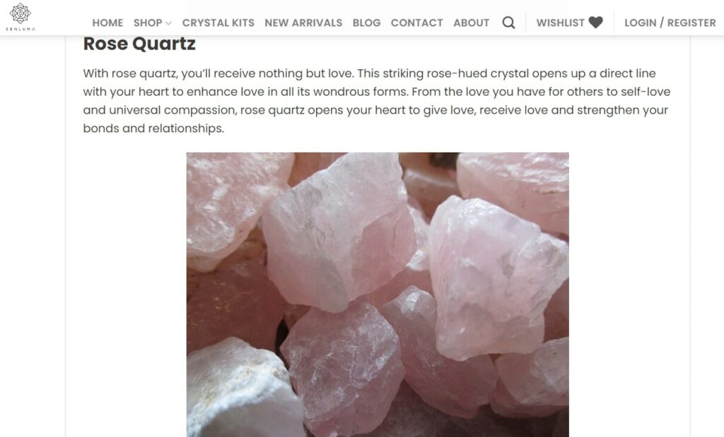 Zenluma crystal article example of compassionate copy and SEO images