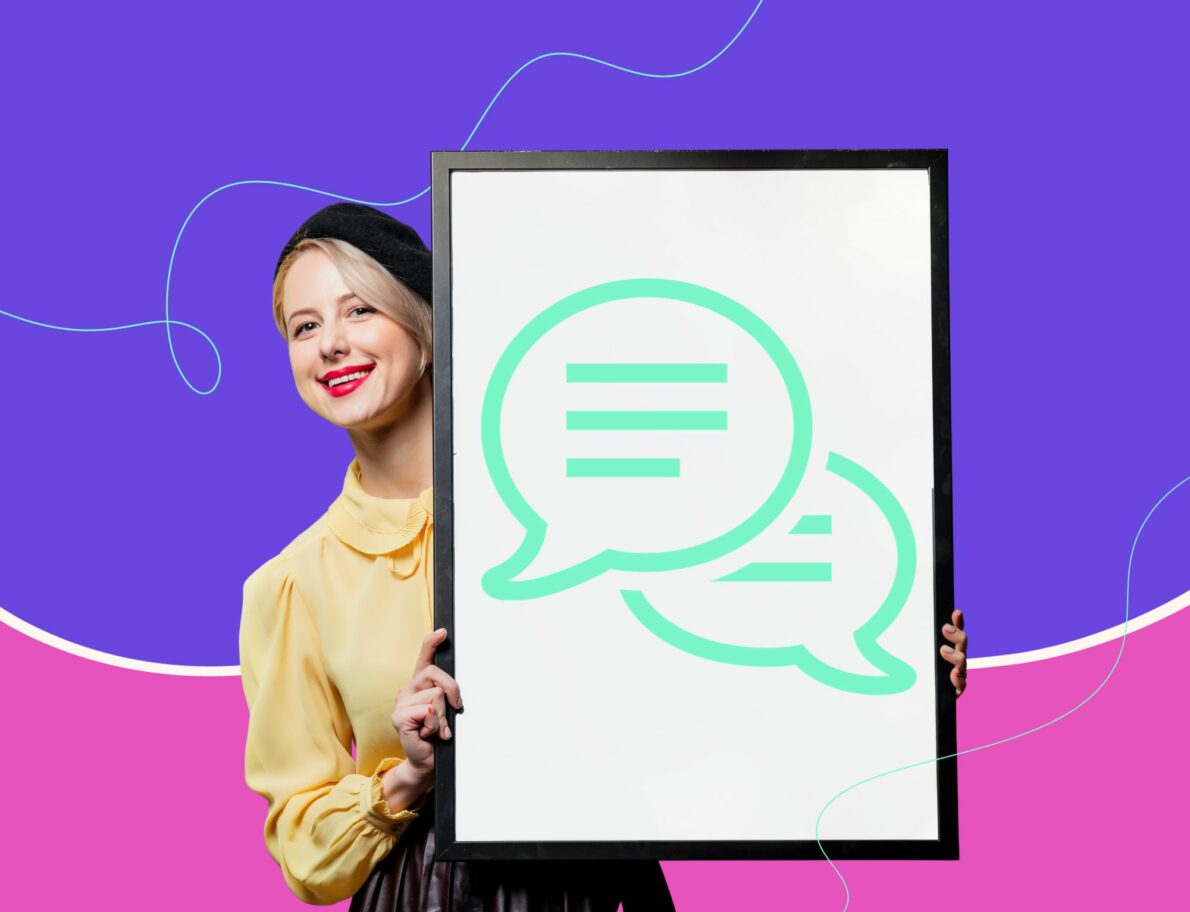 woman holding frame with text bubbles for Lyon Content article about brand messaging framework tips