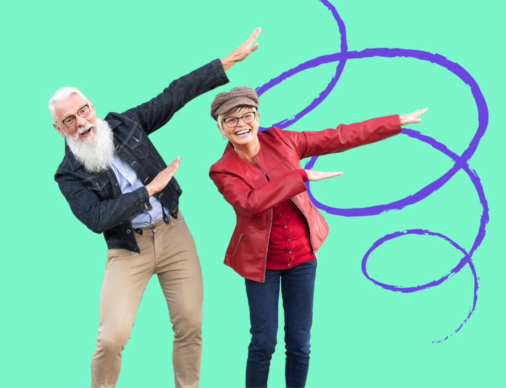 older man and woman laughing in funny pose with spiral background