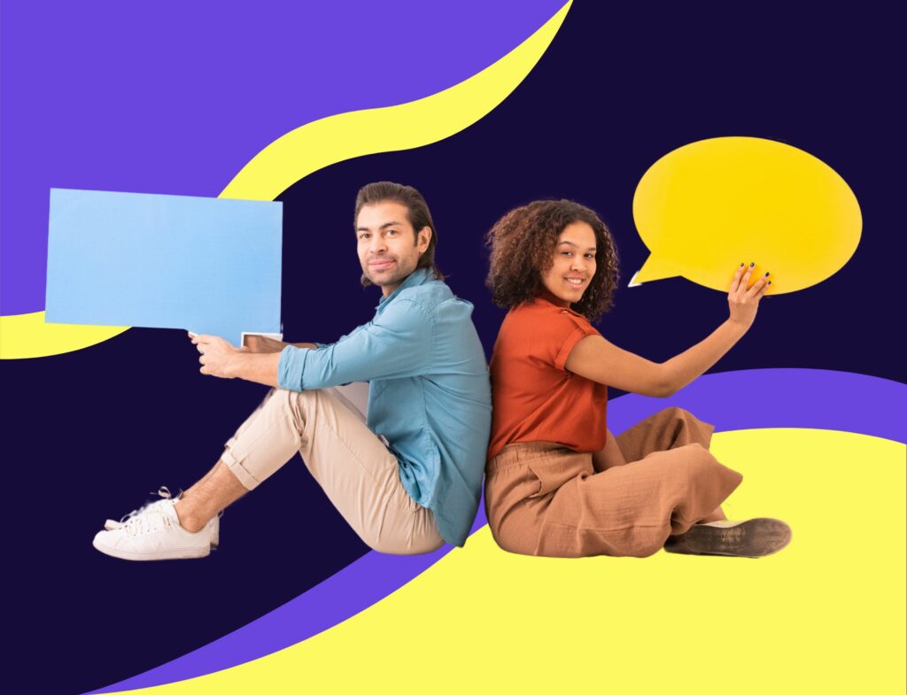 woman and man sitting back to back holding speech bubbles with blue and yellow background