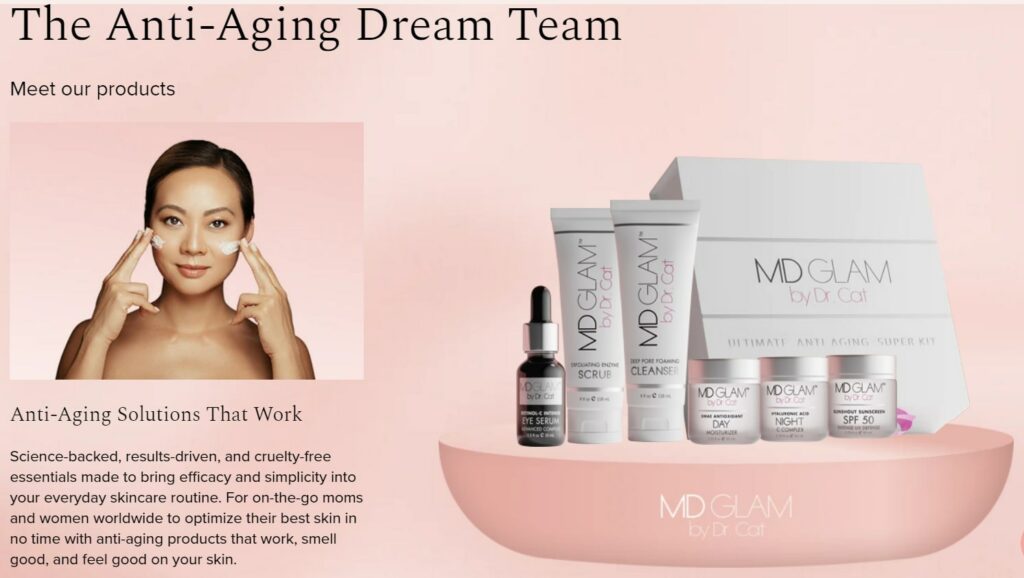 MD Glam "The Anti Aging Dream Team" skincare products page